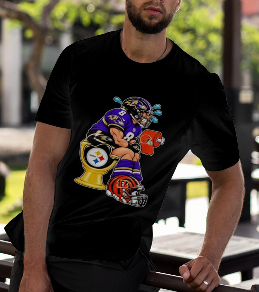 Baltimore Ravens Lamar Jackson On Steelers Toilet With Browns Toilet Paper And Bengals Helmet T-Shirt