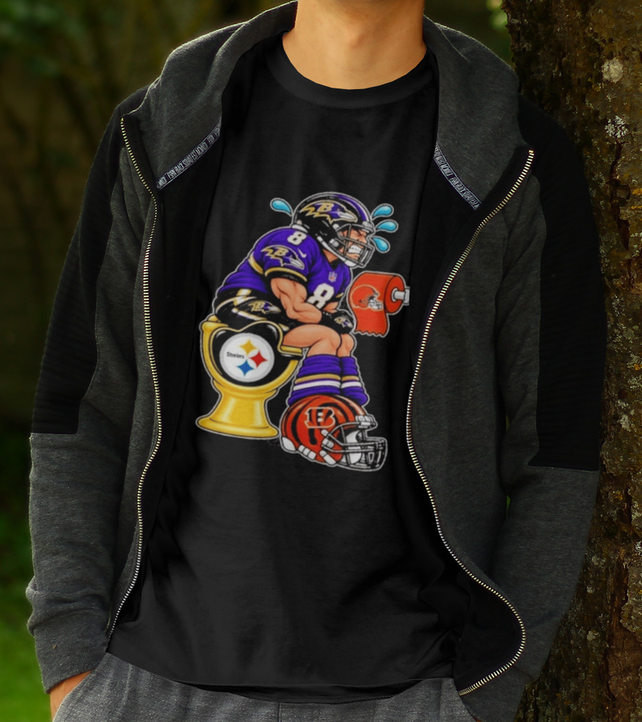 Baltimore Ravens Lamar Jackson On Steelers Toilet With Browns Toilet Paper And Bengals Helmet T-Shirt
