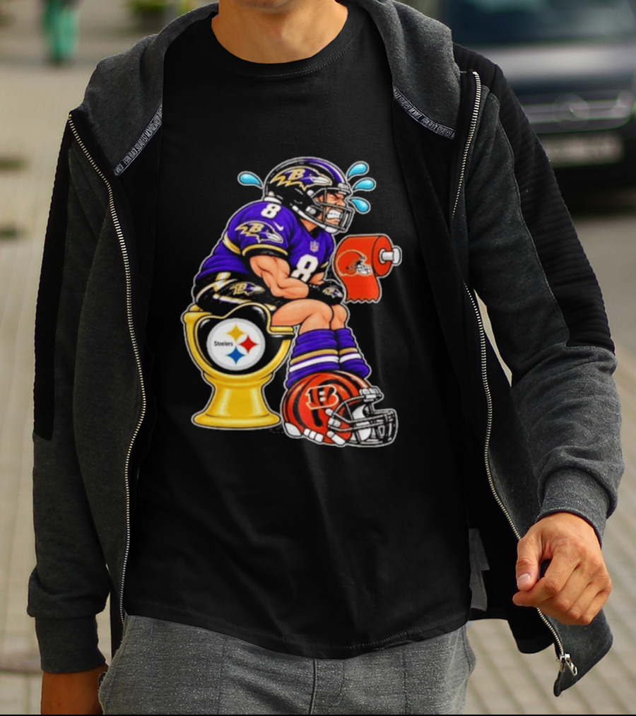 Baltimore Ravens Lamar Jackson On Steelers Toilet With Browns Toilet Paper And Bengals Helmet T-Shirt