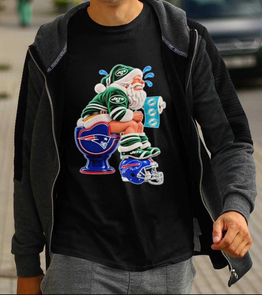 New England Patriots Miami Dolphins Buffalo Bills New York Jets Santa Football Christmas T-Shirt