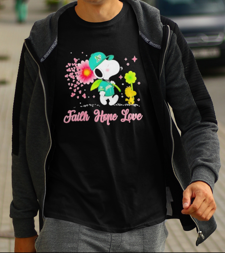 Oakland Athletics Snoopy Woodstock Faith Hope Love Breast Cancer Awareness 2026 T-Shirt