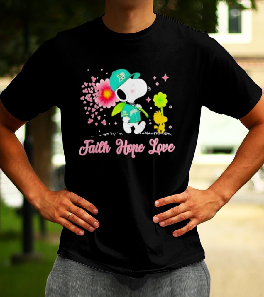 Oakland Athletics Snoopy Woodstock Faith Hope Love Breast Cancer Awareness 2026 T-Shirt