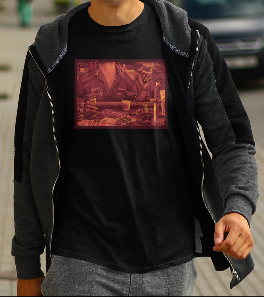 Johnny Blue Skies Dark Clouds Enterprise Center Oct 6 2026 Poker Whiskey Skeletons Dagger Smoky Bar Scene T-Shirt