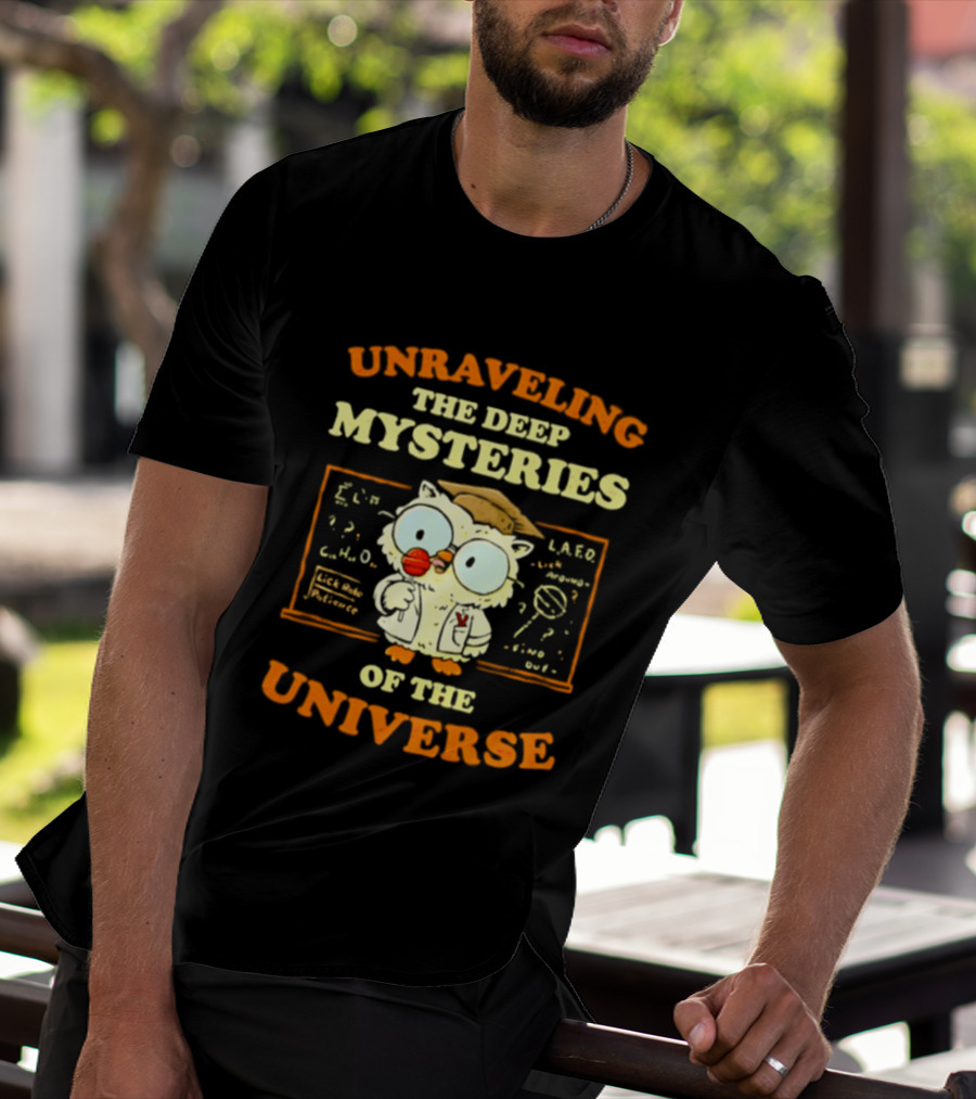 Unraveling The Deep Mysteries Of The Universe Owl With Chalkboard And Equations T-Shirt