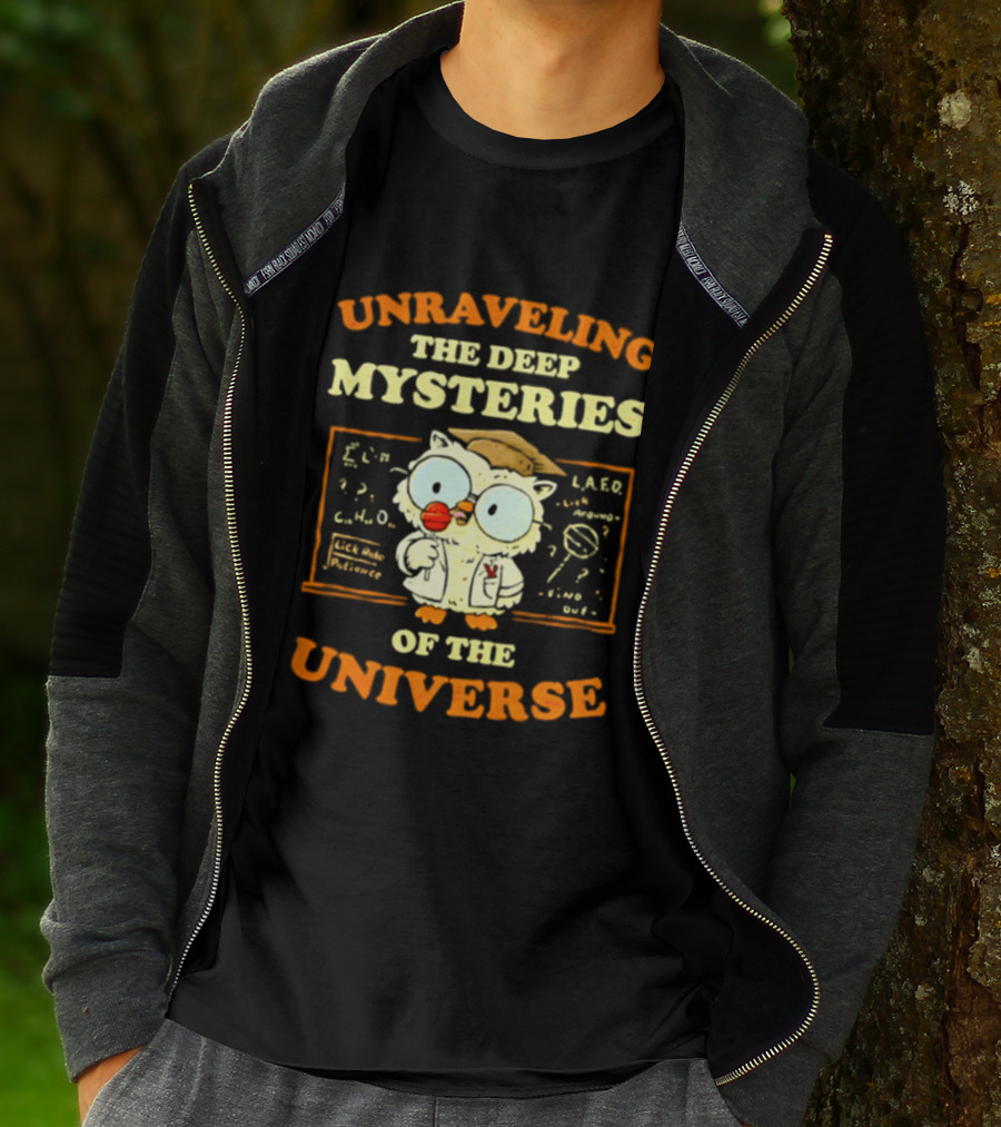 Unraveling The Deep Mysteries Of The Universe Owl With Chalkboard And Equations T-Shirt