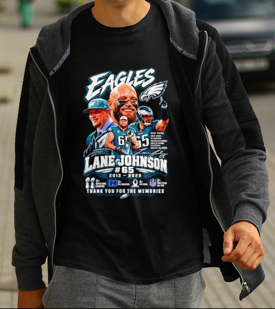 Eagles Lane Johnson #65 Philadelphia NFL Right Tackle 2013 2026 Thank You For The Memories Super Bowl Champion Pro Bowl T-Shirt