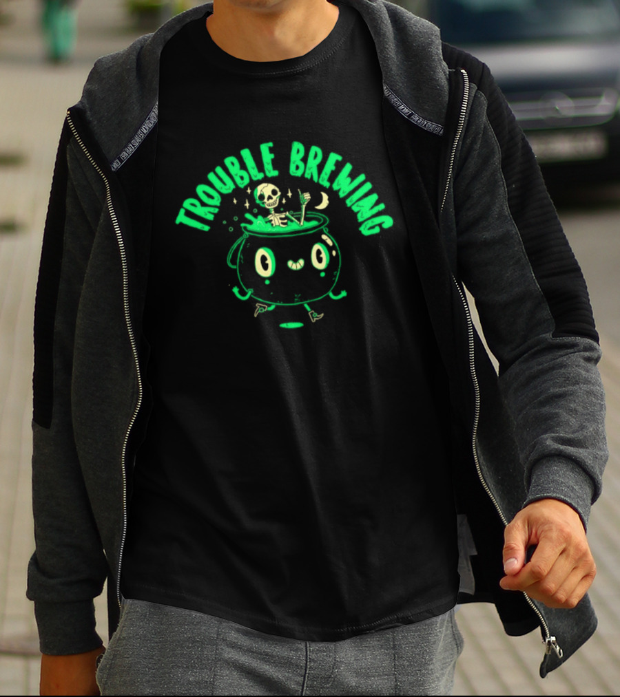 Skeleton Trouble Brewing Halloween 2026 Cauldron Moon T-Shirt