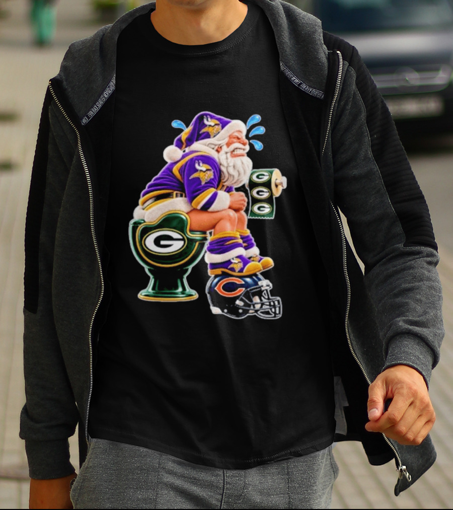 Minnesota Vikings Santa With Green Bay Packers Toilet And Chicago Bears Helmet Christmas Football T-Shirt