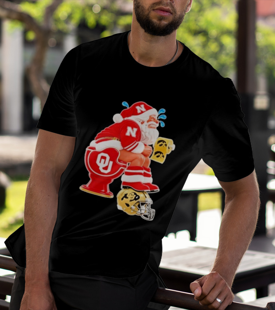 Nebraska Santa On Oklahoma Toilet With Iowa Toilet Paper And Colorado Helmet Football Rivalry Humor T-Shirt