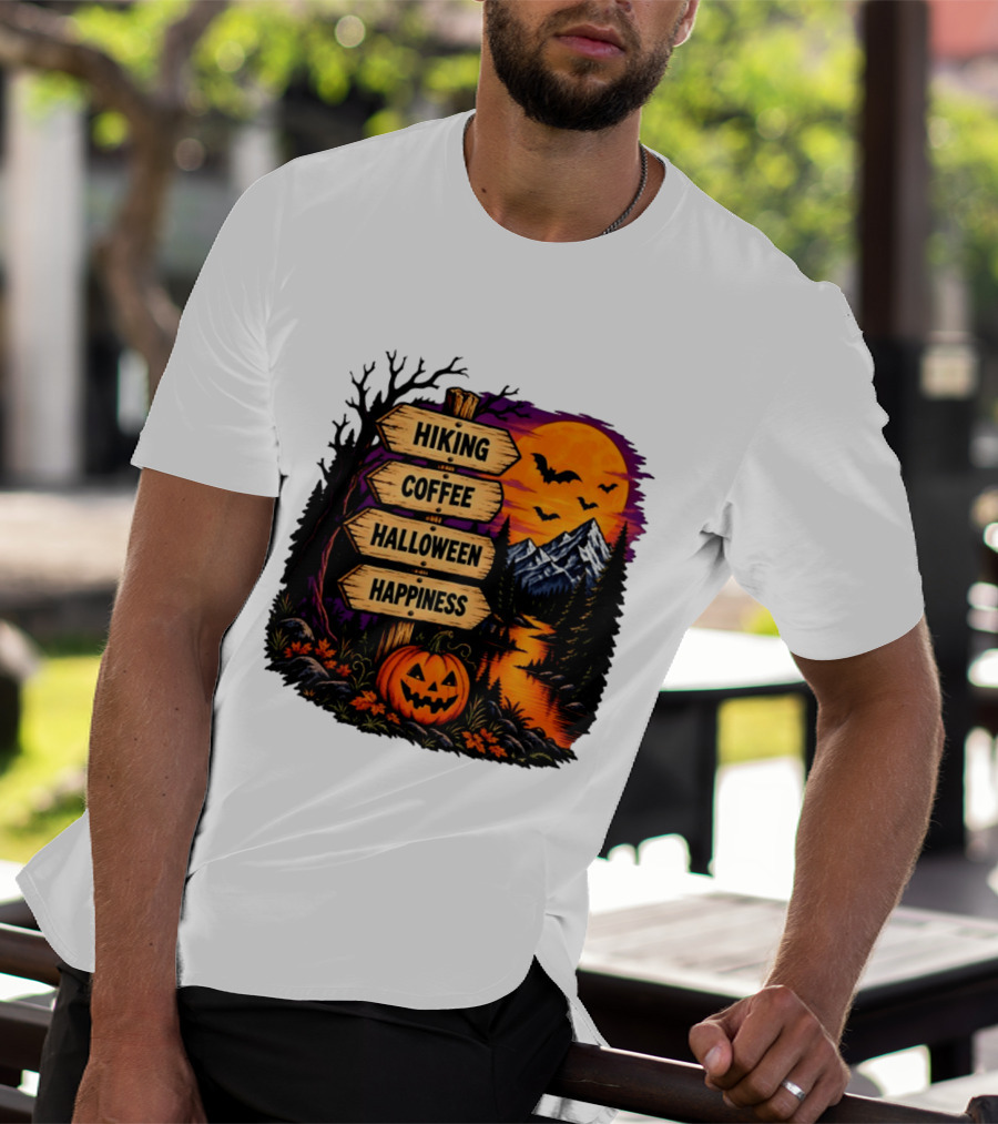Hiking Coffee Halloween Happiness Fall Season Signpost Scenic Sunset Pumpkin Bats T-Shirt