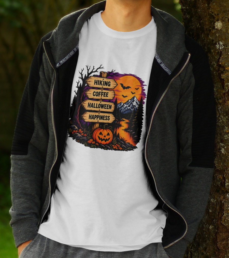 Hiking Coffee Halloween Happiness Fall Season Signpost Scenic Sunset Pumpkin Bats T-Shirt