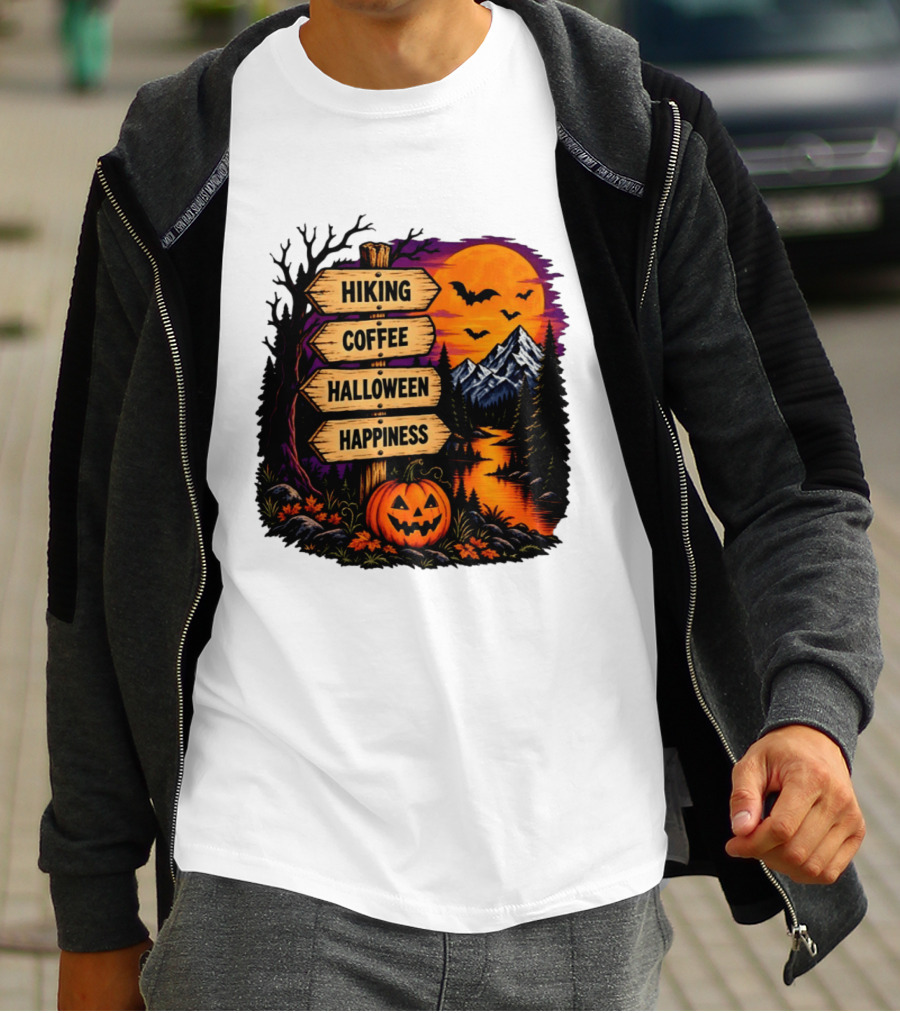 Hiking Coffee Halloween Happiness Fall Season Signpost Scenic Sunset Pumpkin Bats T-Shirt