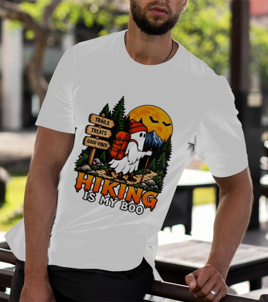Hiking Is My Boo Ghost Trails Treats Good Vibes Halloween T-Shirt