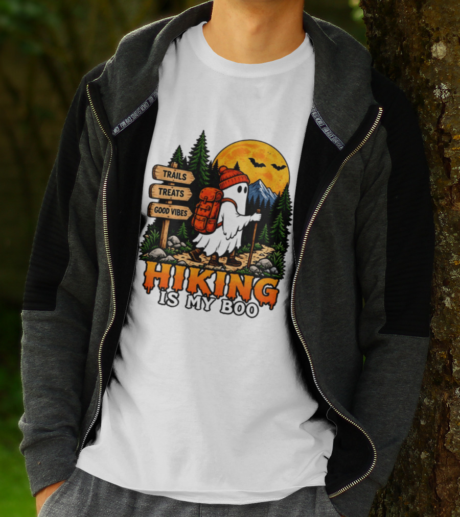 Hiking Is My Boo Ghost Trails Treats Good Vibes Halloween T-Shirt