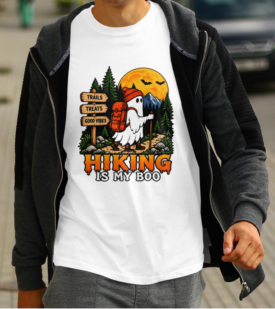 Hiking Is My Boo Ghost Trails Treats Good Vibes Halloween T-Shirt