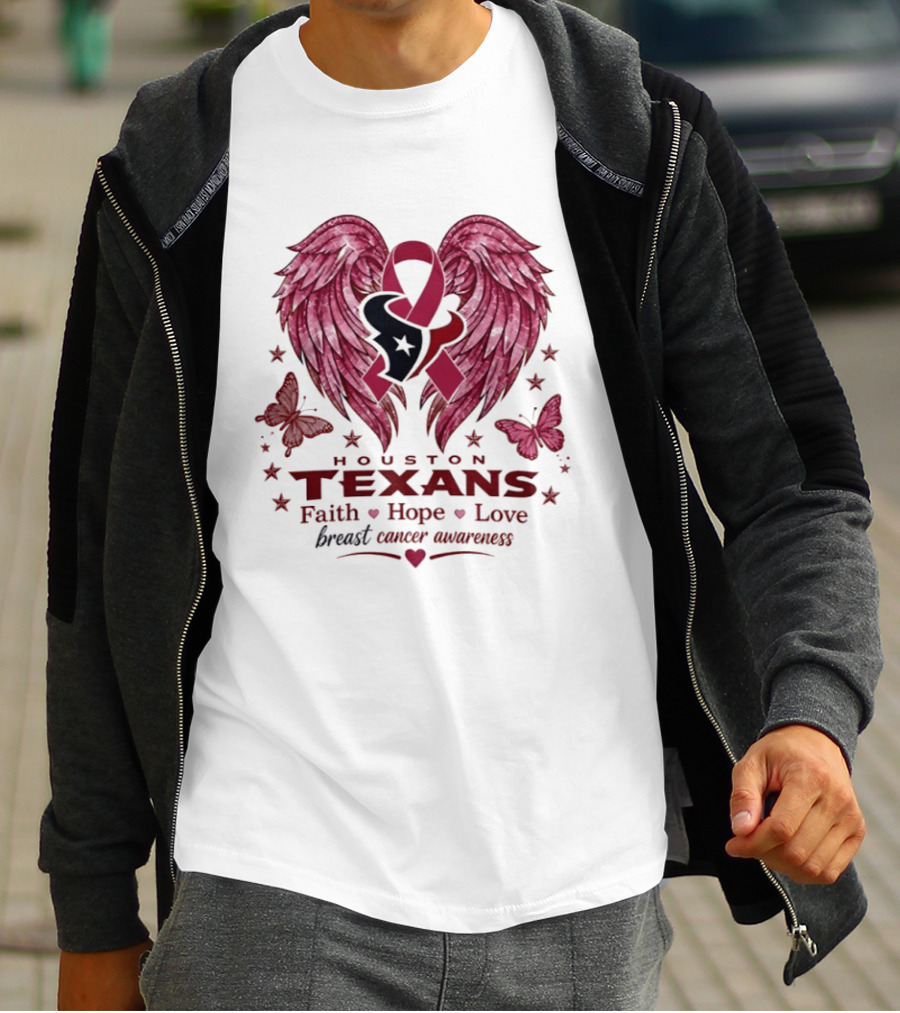 Houston Texans Breast Cancer Awareness Faith Hope Love Wings T-Shirt