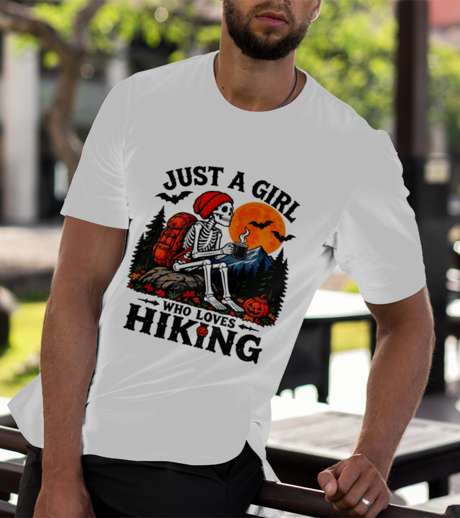 Just A Girl Who Loves Hiking Skeleton Autumn Halloween Pumpkin Bats And Coffee T-Shirt
