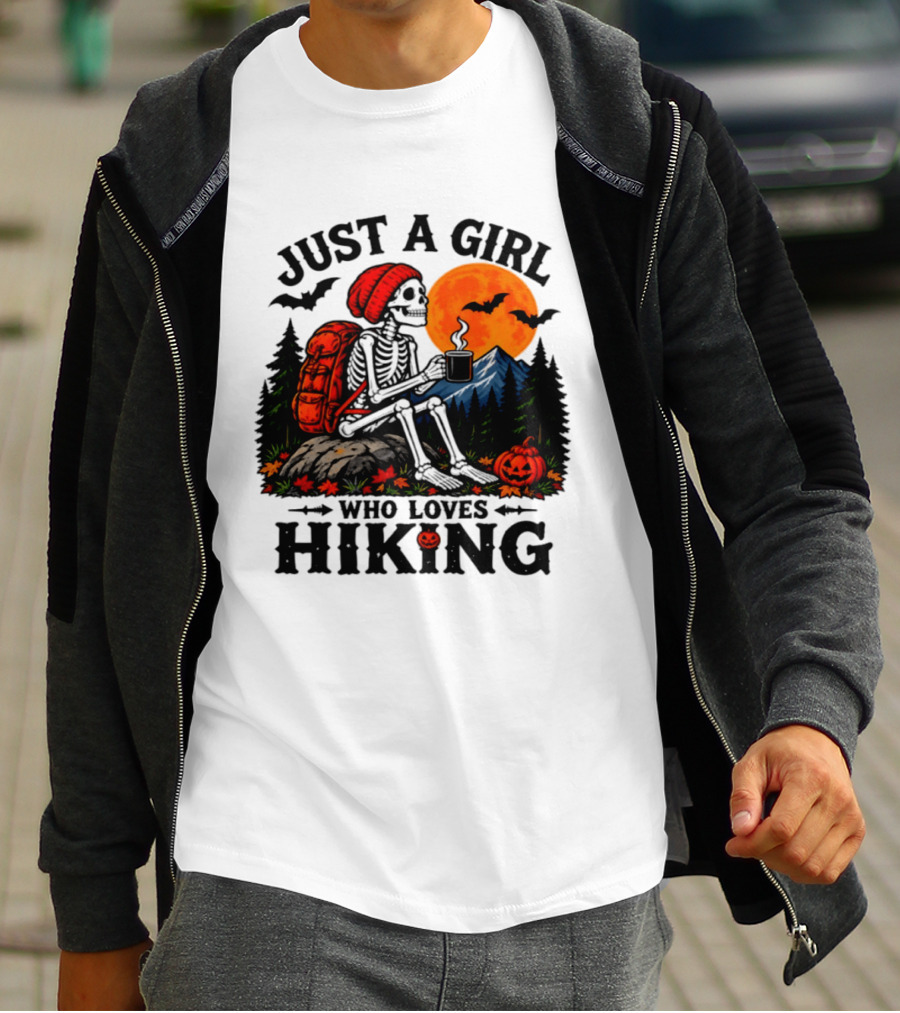 Just A Girl Who Loves Hiking Skeleton Autumn Halloween Pumpkin Bats And Coffee T-Shirt