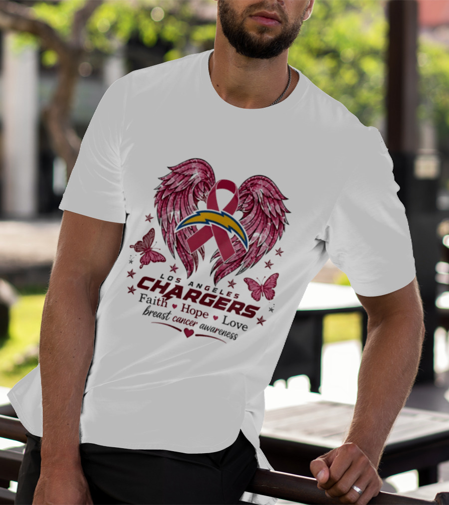 Los Angeles Chargers Breast Cancer Awareness Faith Hope Love Wings Ribbon Butterflies T-Shirt