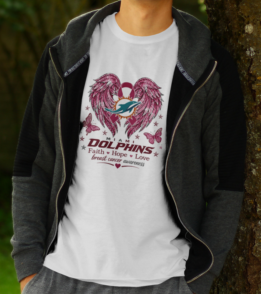 Miami Dolphins Breast Cancer Awareness Faith Hope Love Pink Ribbon Wings T-Shirt