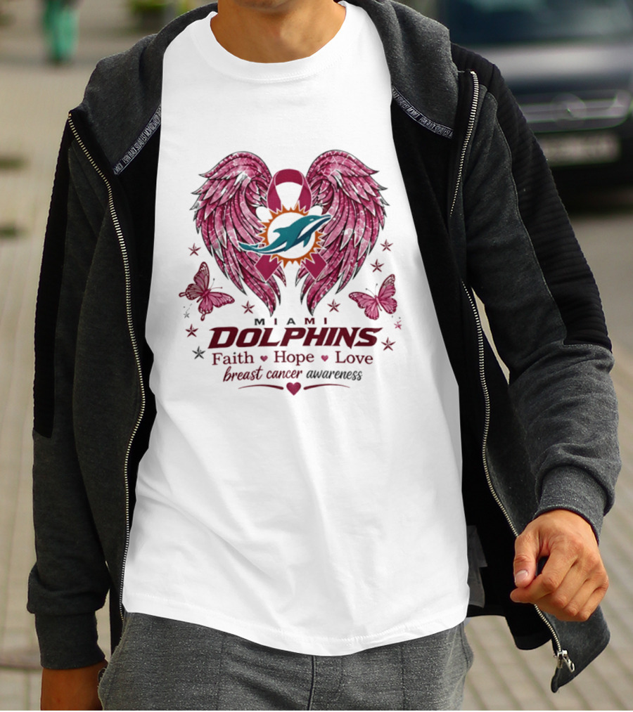 Miami Dolphins Breast Cancer Awareness Faith Hope Love Pink Ribbon Wings T-Shirt