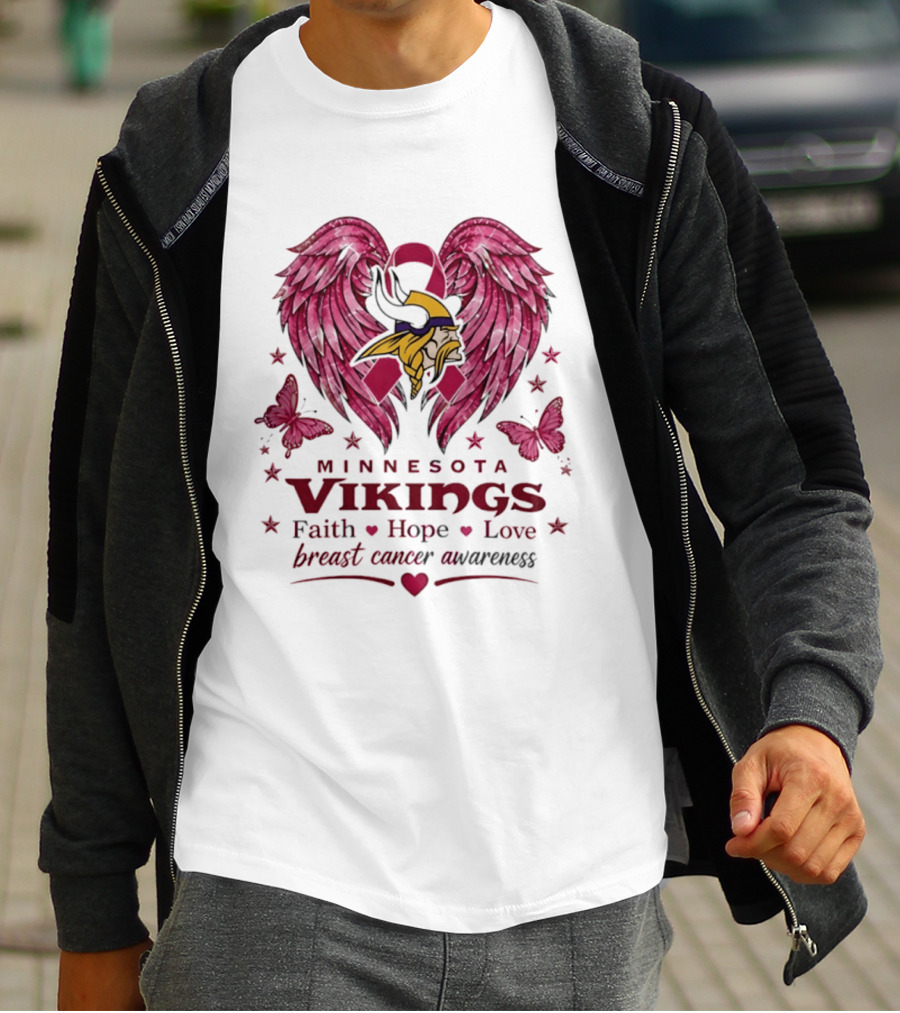 Minnesota Vikings Breast Cancer Awareness Faith Hope Love Wings T-Shirt