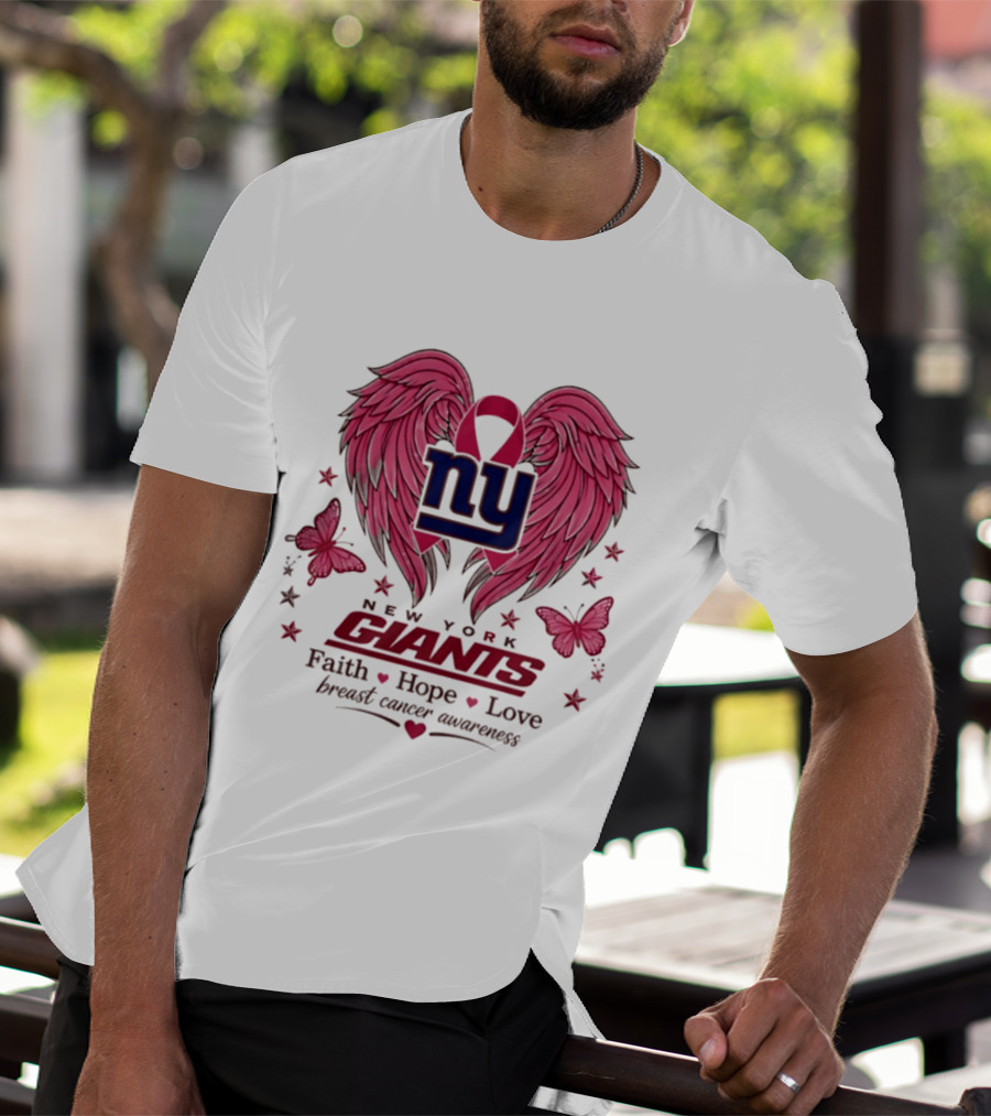 New York Giants Breast Cancer Awareness Faith Hope Love Pink Wings Ribbon T-Shirt