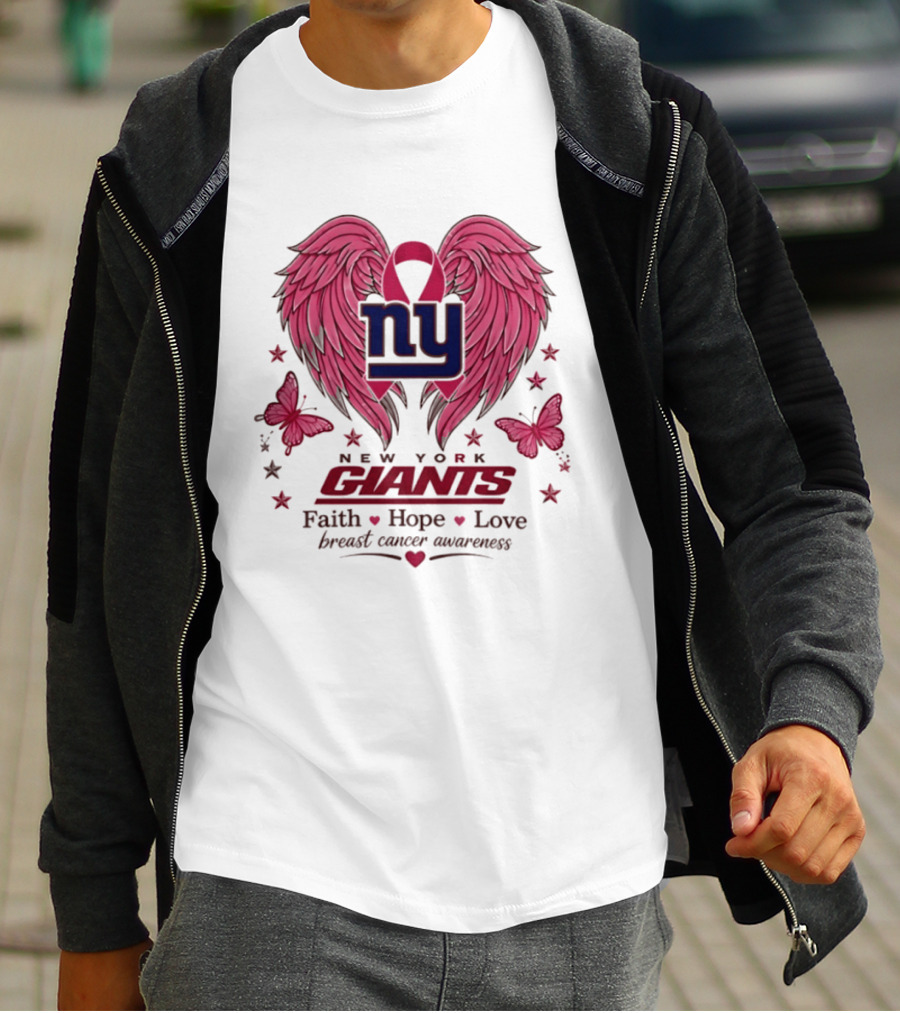 New York Giants Breast Cancer Awareness Faith Hope Love Pink Wings Ribbon T-Shirt