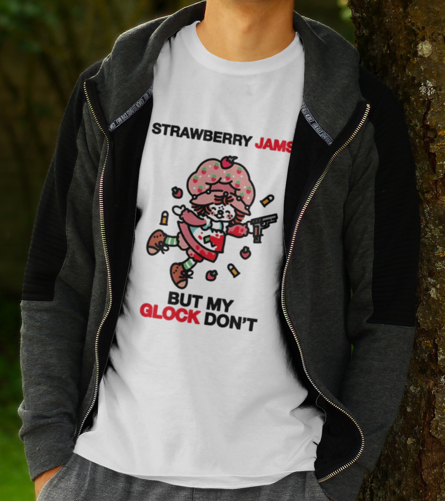 Strawberry Jams But My Glock Don't Cartoon Character With Pink Frosted Hat And Pistol T-Shirt