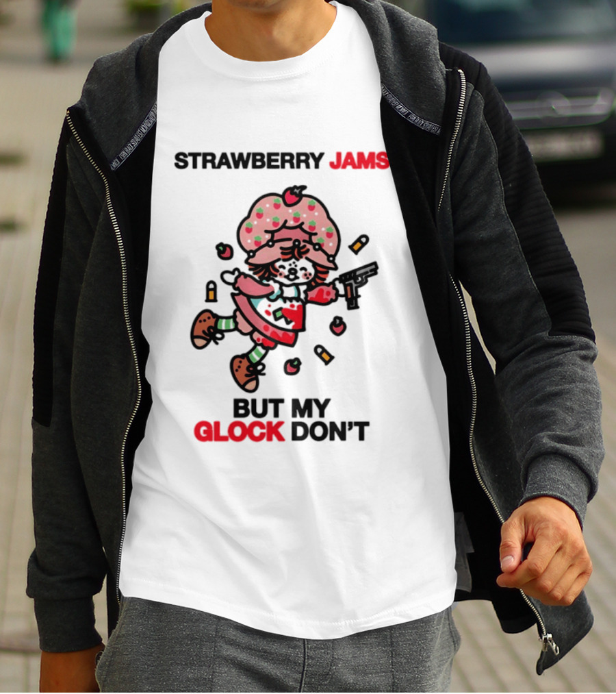 Strawberry Jams But My Glock Don't Cartoon Character With Pink Frosted Hat And Pistol T-Shirt