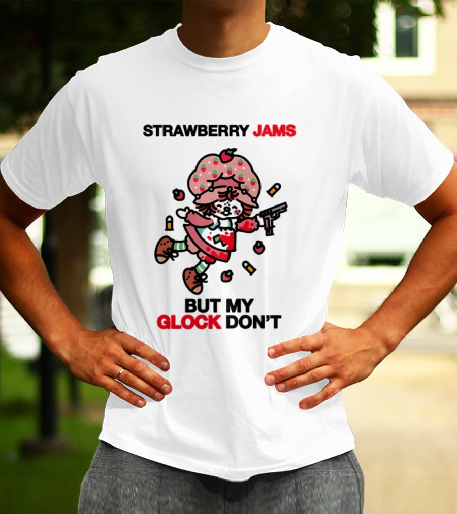 Strawberry Jams But My Glock Don't Cartoon Character With Pink Frosted Hat And Pistol T-Shirt