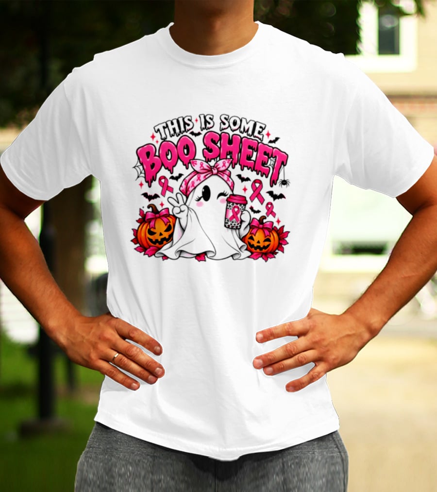 This Is Some Boo Sheet Breast Cancer Awareness Ghost Halloween Pink Ribbons Pumpkin T-Shirt
