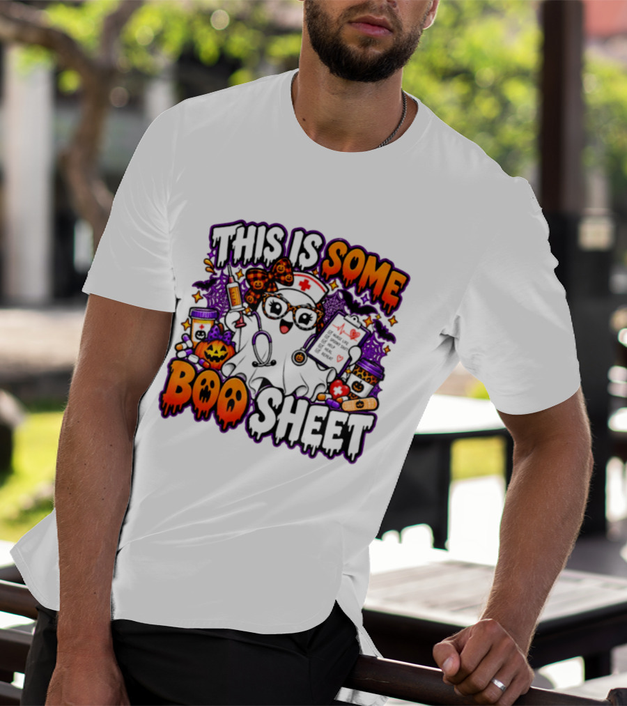 This Is Some Boo Sheet Nurse Life Spooky Shift Halloween 2026 Pumpkin Ghost Nurse Hat Glasses Bats T-Shirt