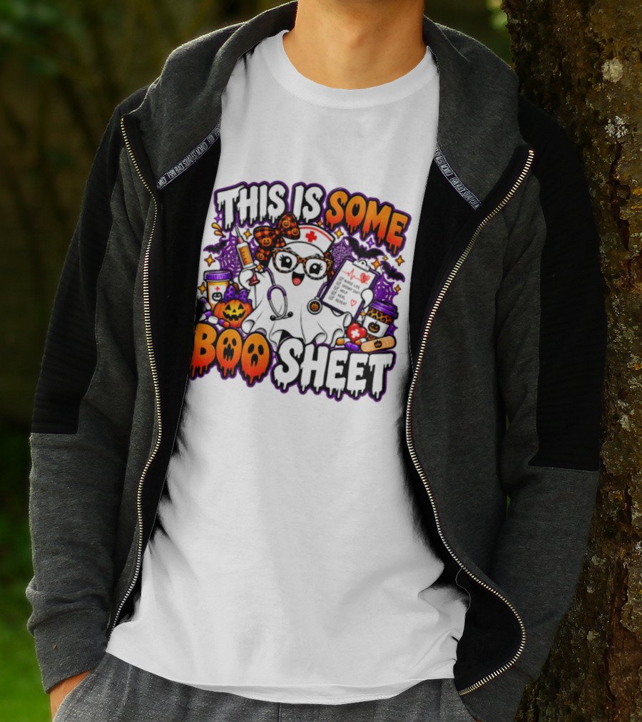 This Is Some Boo Sheet Nurse Life Spooky Shift Halloween 2026 Pumpkin Ghost Nurse Hat Glasses Bats T-Shirt