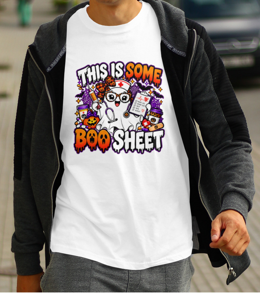 This Is Some Boo Sheet Nurse Life Spooky Shift Halloween 2026 Pumpkin Ghost Nurse Hat Glasses Bats T-Shirt