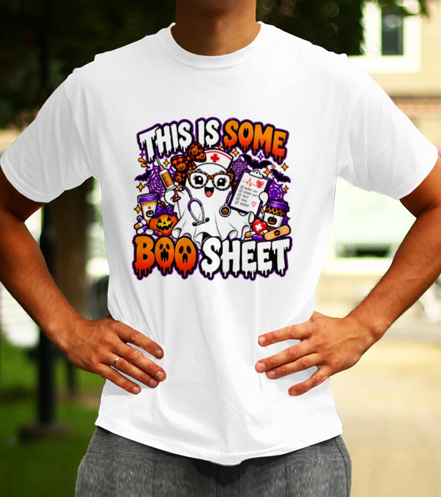 This Is Some Boo Sheet Nurse Life Spooky Shift Halloween 2026 Pumpkin Ghost Nurse Hat Glasses Bats T-Shirt