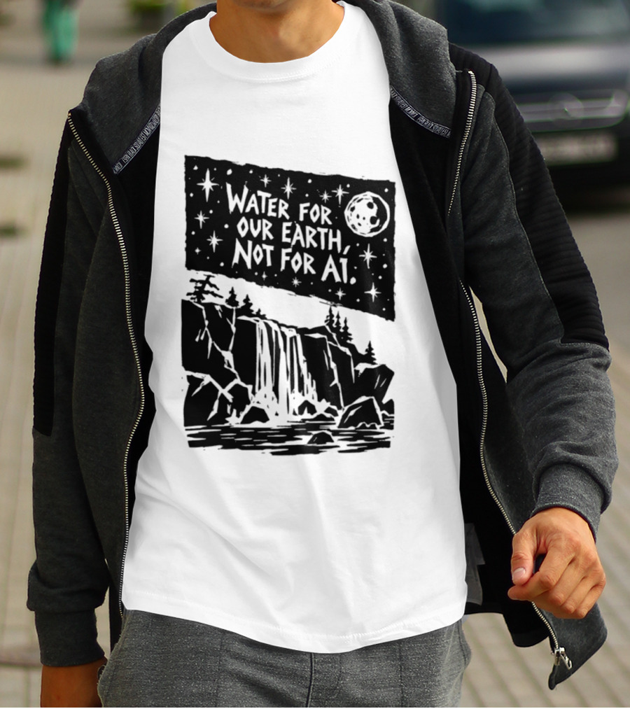 Water For Our Earth Not For AI Moonlit Waterfall Environmental Message T-Shirt