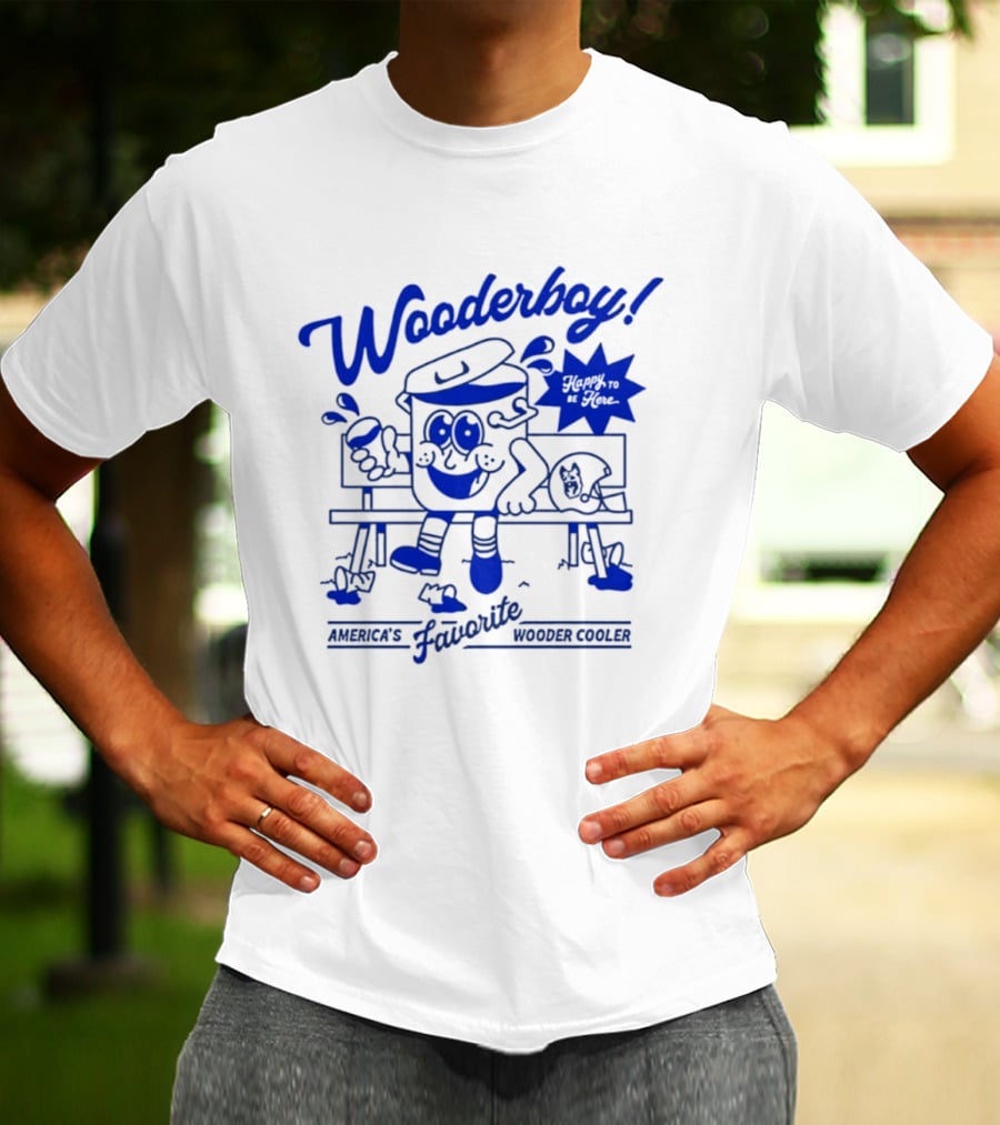 Wooderboy America's Favorite Wooder Cooler Happy To Be Here Cartoon Character Sitting On Bench With Drink T-Shirt