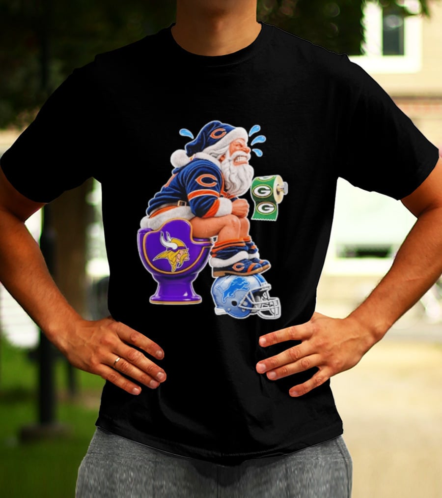 Santa Claus On Toilet Minnesota Vikings Detroit Lions Green Bay Packers Chicago Bears Funny Christmas 2026 Football T-Shirt