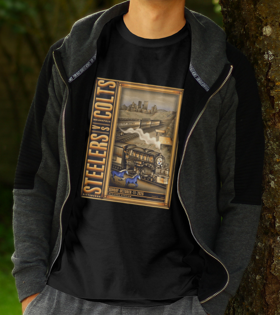 Pittsburgh Steelers Vs Indianapolis Colts Sunday October 11 2026 Acrisure Stadium Cityscape With Train And Blue Horses T-Shirt