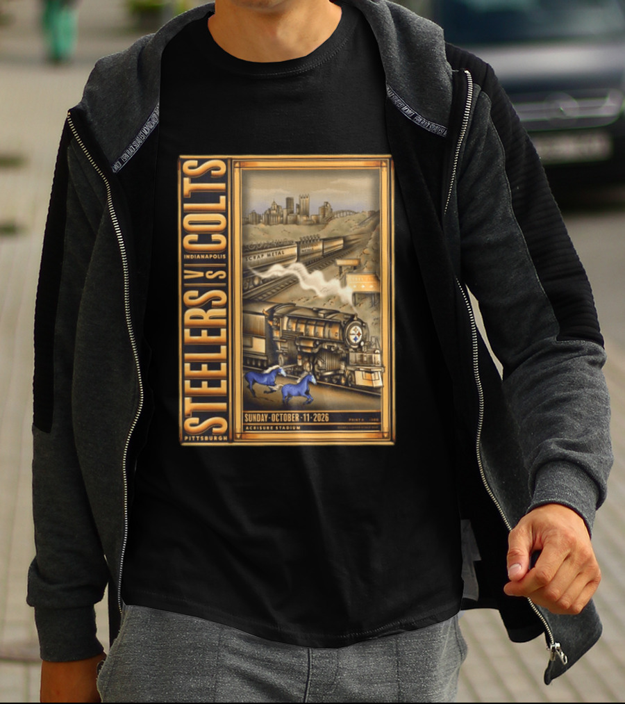 Pittsburgh Steelers Vs Indianapolis Colts Sunday October 11 2026 Acrisure Stadium Cityscape With Train And Blue Horses T-Shirt