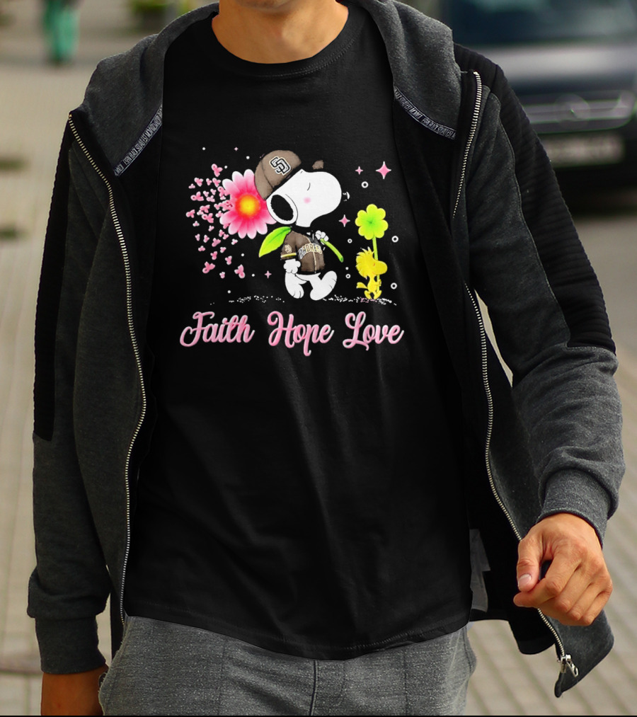 Snoopy San Diego Padres Faith Hope Love Breast Cancer Awareness T-Shirt