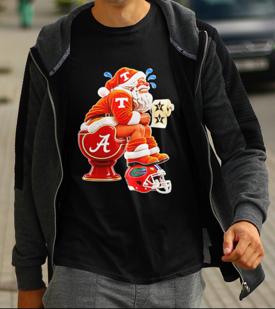 Tennessee Volunteers Santa Claus With Alabama Crimson Tide Toilet Vanderbilt Commodores Toilet Paper Florida Gators Helmet T-Shirt