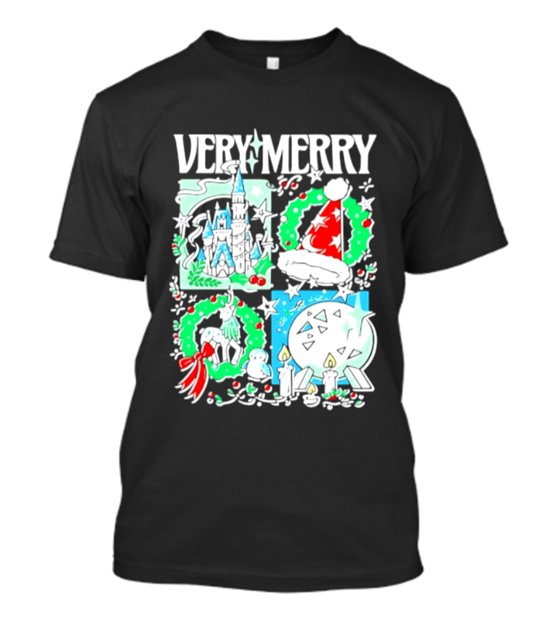 Very Merry 2026 Christmas Disney Castle Holiday Wreath And Santa Hat Candles T-Shirt
