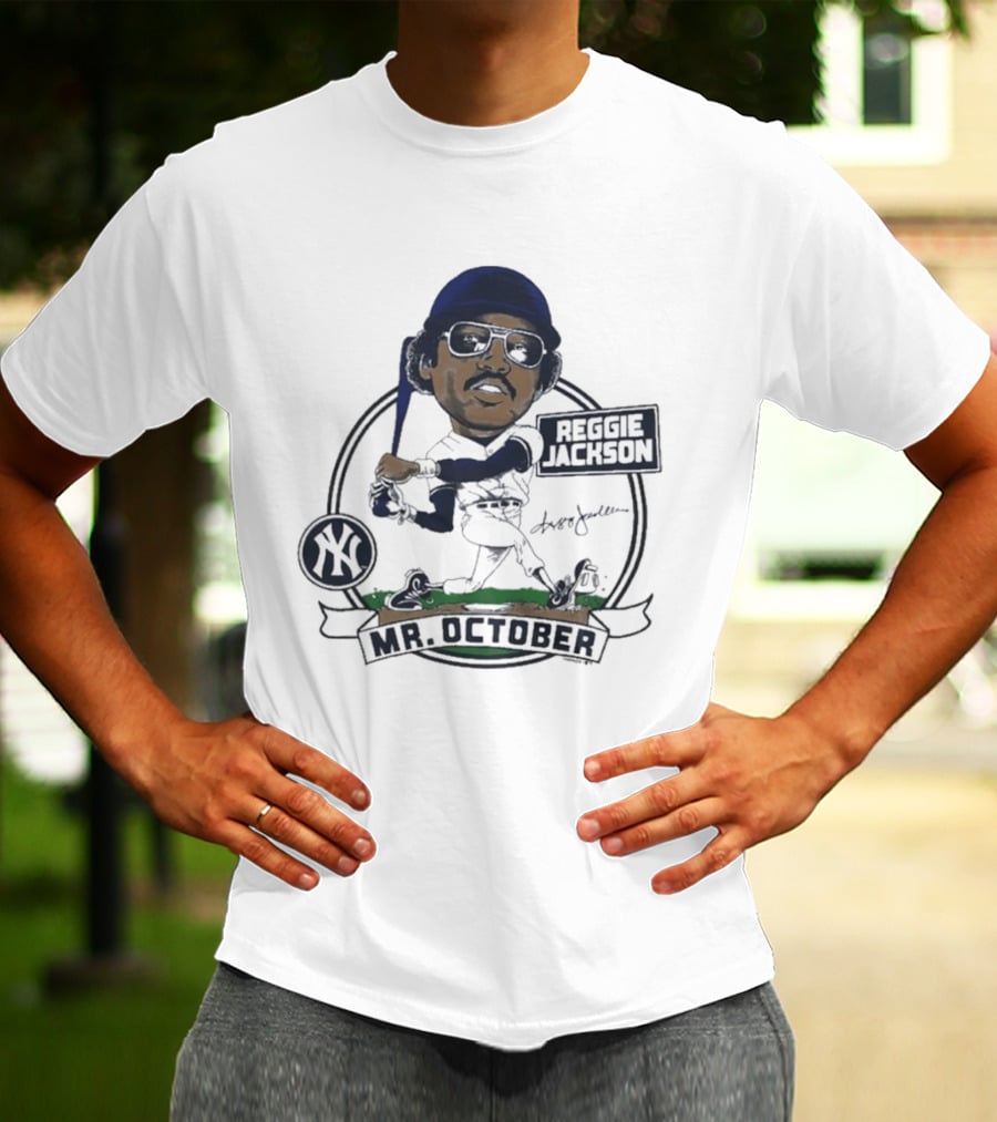 Yankees Reggie Jackson Mr. October Caricature Signature Art With NY Yankees T-Shirt