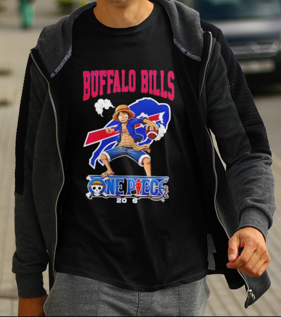 Buffalo Bills One Piece Crossover 2026 Featuring Luffy Football T-Shirt