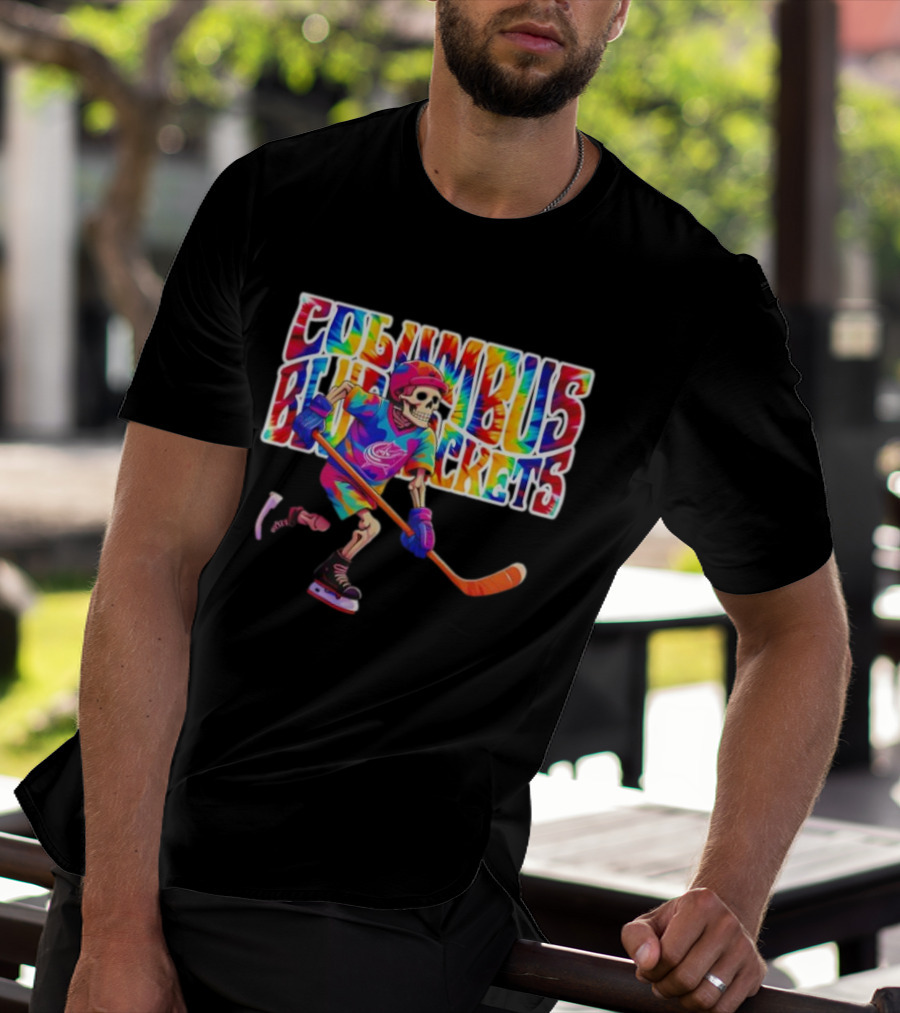 Columbus Blue Jackets Grateful Dead Tie-Dye Skeleton Hockey Player T-Shirt