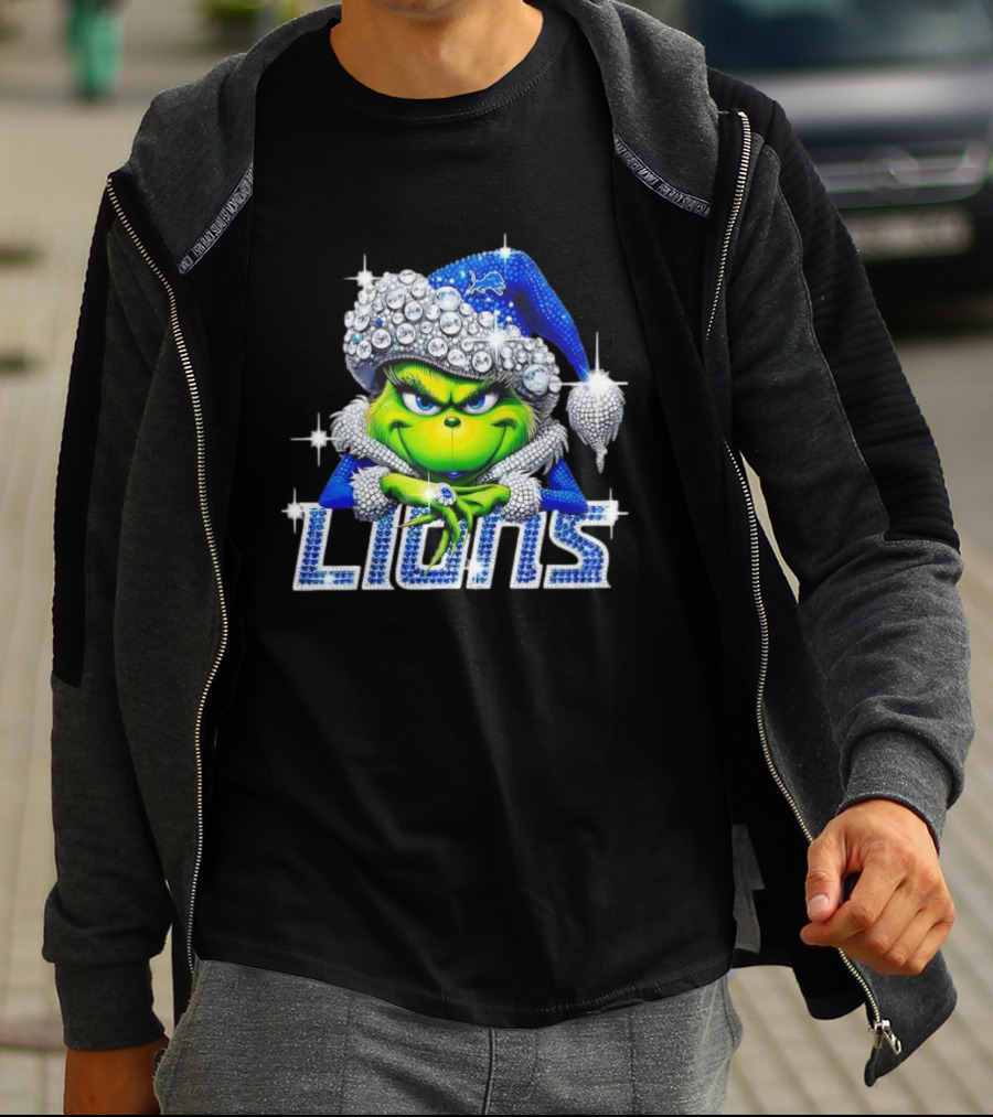 Detroit Lions Grinch Bling Santa Hat Christmas T-Shirt