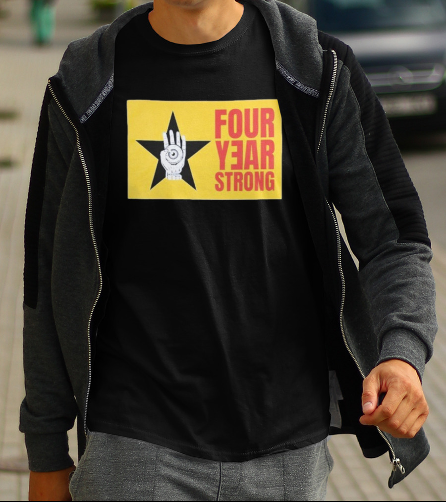 Four Year Strong Star With Hand Eye Symbol On Yellow Background T-Shirt