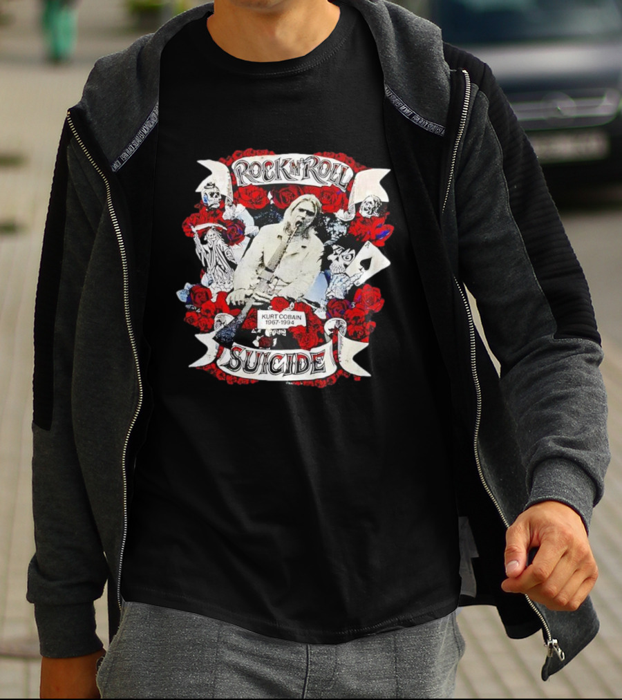 Kurt Cobain Rock N Roll Suicide 1967 1994 Roses And Cards T-Shirt